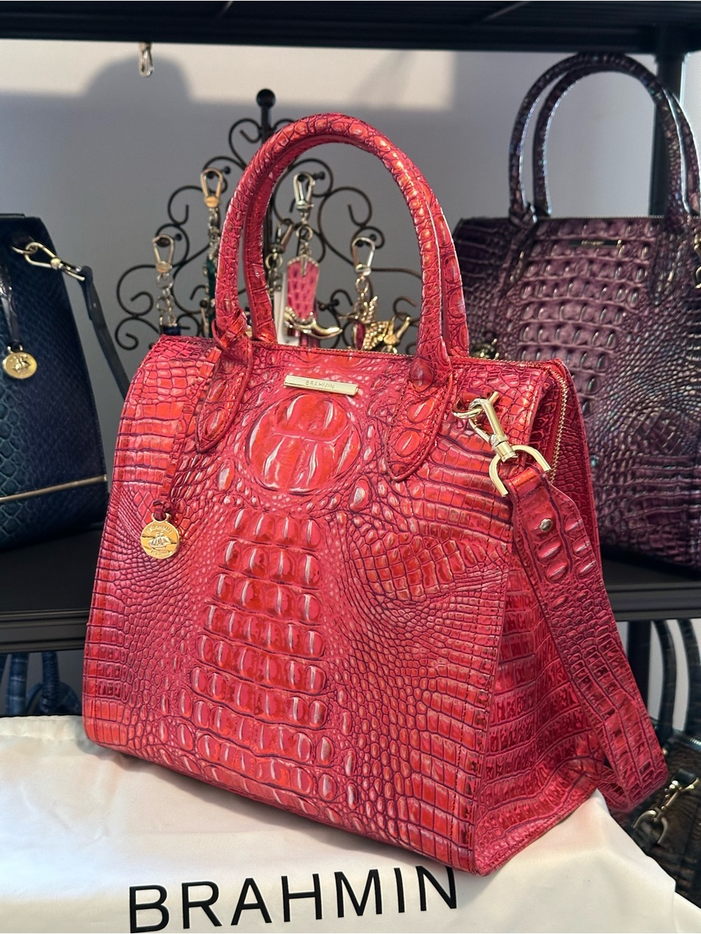 Brahmin Red Dragon Metallic Croc-Embossed Satchel with Gold Hardware